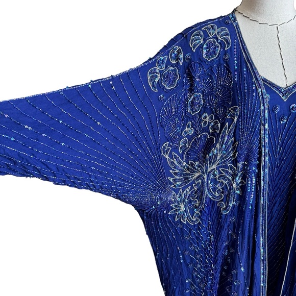 RARE Vintage 80s Judith Ann 2 pc Blue Silk Sequin Beaded Kimono Jacket and Dress - Picture 2 of 16